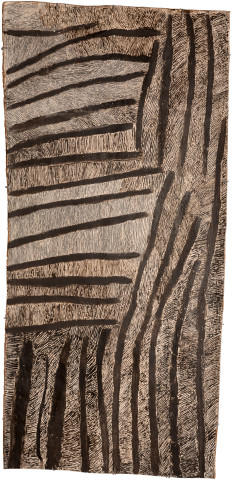 Nyapanyapa Yunupingu Lines Pink and Black 4, 2017; 4414-17; natural earth pigments on bark; 162 x 77 cm; Enquire