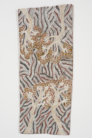 Yalmakany Marawili Wäwuru, 2024; 8122-24; earth pigments on Stringybark; 114 x 46 cm; more info; enquire