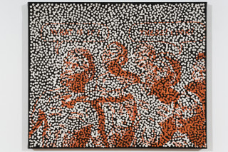 Daniel Boyd Untitled (PAMLATDOH), Untitled (ITIIKWWD), 2025; oil, acrylic and archival glue on paper mounted to canvas; diptych; 50 x 75 cm, 45 x 55 cm; enquire