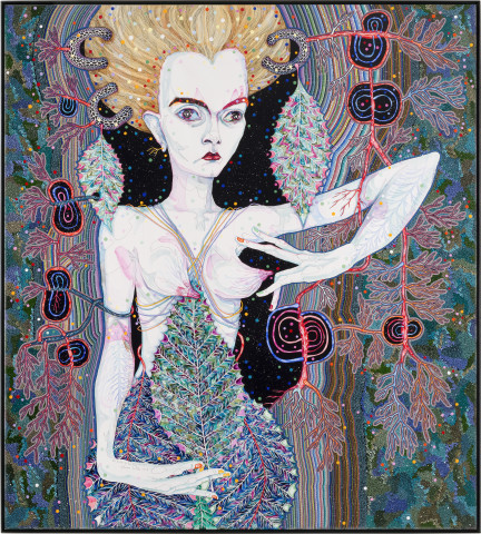 Del Kathryn Barton pressure to the need, 2013; synthetic polymer paint and gouache on polyester canvas; 203 x 183 cm; enquire