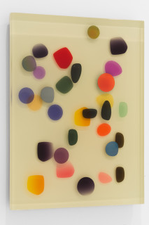 Jim Lambie June 2002, Love and Eternity, 2026; resin, sunglasses lens, birch plywood, paint; 60 x 45 x 5 cm; enquire