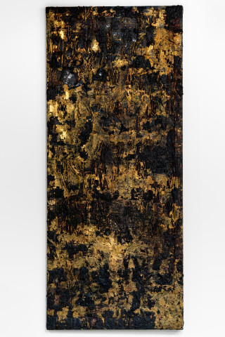 Kirtika Kain gold silkscreen, 2025; gold leaf, wax, charcoal and cotton on silk screen; 183 x 78 cm; more info; enquire