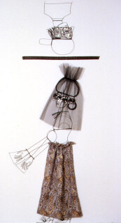 Jacqueline Fraser A portrait of that dotted boy who could not stand plunging., 2001; from the series A Portrait of the Lost Boys > To Our Lost Boy Ivan, carbon monoxide gassed 1998; wire, brown braid, sequin taffeta, text, paisley evening lurex, black tulle; 290 x 90 cm; Provinece: New Museum N.Y. 2001; enquire