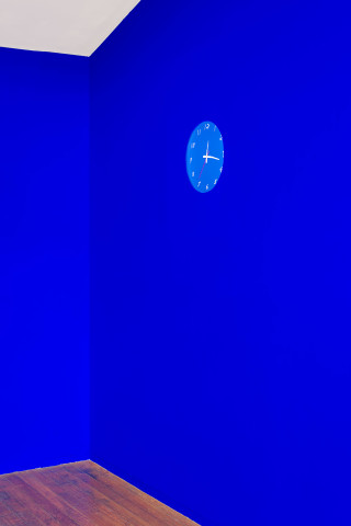 installation view; Tom Polo clockwatch (for Roslyn Oxley9), 2021; created with Dara Gill; wall painting and digital video; dimensions variable; 8 hours 15 mins; more info; enquire
