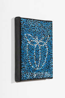 Daniel Boyd Untitled (MPABT#4), 2023; relief print, ink, oil and archival glue on paper mounted to canvas; 25 x 20 cm; enquire