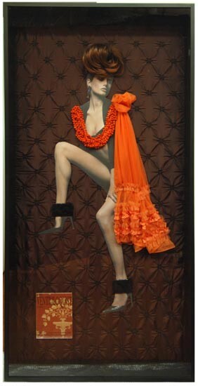 Jacqueline Fraser The Ventriloquist says, 2005; bobble braid, ruffle tulle, faux fur, wig, back light photo, French silk taffeta; 200.6 x 100.6 x 16 cm; enquire
