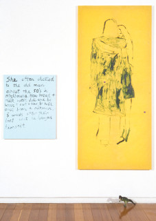 Jenny Watson Hanging 2, 1993; Oil on cotton with buttons, acrylic on stretcher, plastic dinosaur; 155 x 70 & 61 x 50; enquire