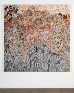 installation view; Yalmakany Marawili Women harvesting Bunydjuŋu, 2026; 2071-26; earth pigments on board; 200 x 200 cm; enquire