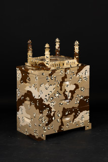 Fiona Hall The Barbarians at the Gate (detail), 2010-2026; wooden beehives, wood and metal architectural models, plastic 'action' dolls, paint; installation dimensions variable; enquire