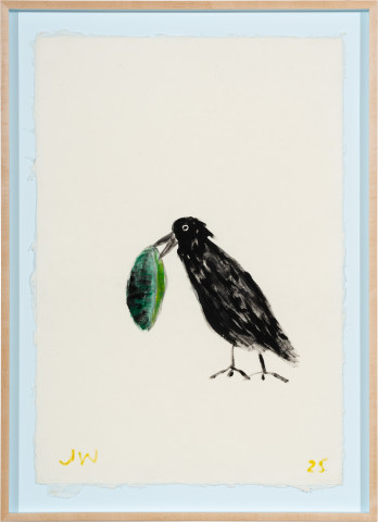 Jenny Watson Crow with an avocado peel, 2025; acrylic on Japanese rice paper; 91.5 x 66.5 cm; enquire