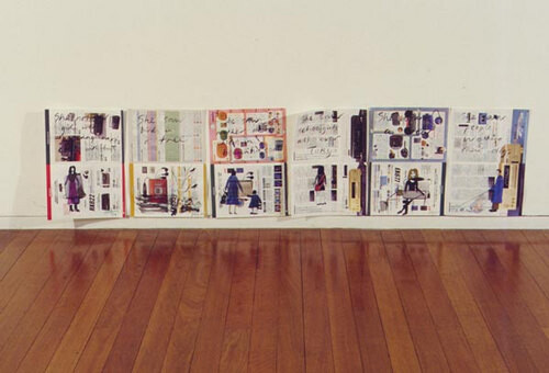 Jenny Watson Group 1: She..., 1999; (Technology / Sony / mobile phone brochure); Pelikan and Schminke watercolour on Japanese found papers; 29.5 x 42 cm; (each); installed dimensions variable; enquire