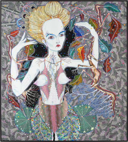 Del Kathryn Barton goes the road, 2013; synthetic polymer paint and gouache on polyester canvas; 203 x 183 cm; enquire