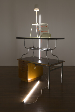 Bill Culbert Time Tables, 2018; furniture, fluorescent tubes; dimensions variable; enquire
