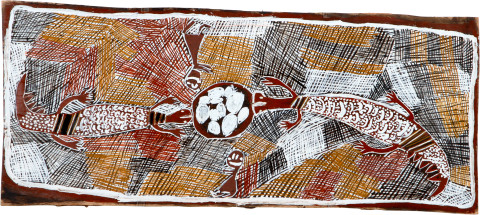 Nyapanyapa Yunupiŋu Collecting Eggs, 2008; natural earth pigments on bark; 51 x 118 cm; enquire