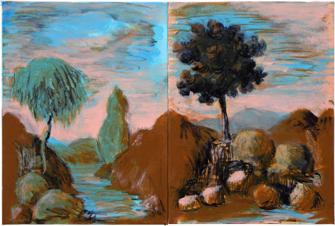 Tony Clark Sections from Clark's Myriorama, 2006; acrylic and permanent ink on canvas board; 2 panels, overall dimensions 30.5 x 45 cm; enquire