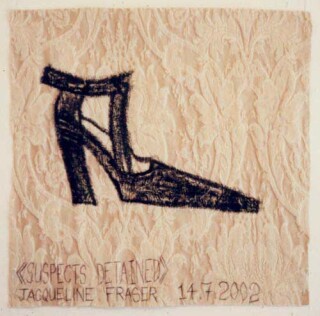 Jacqueline Fraser >, 2002; from the series Jacqueline Fraser 14.7.2002 Parisian Fabric Drawings; Oil stick on cream brocade; 32 x 32 cm; enquire