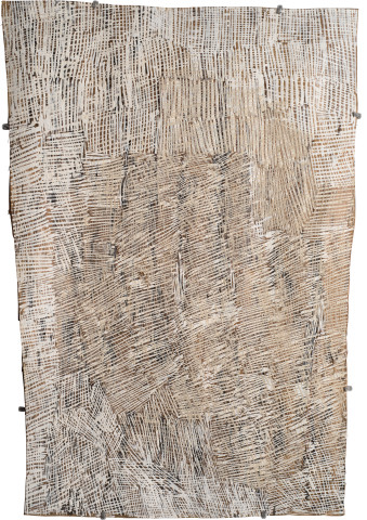 Nyapanyapa Yunupiŋu Untitled, 2015; 4780D; natural earth pigments on bark; 69 x 45 cm; enquire