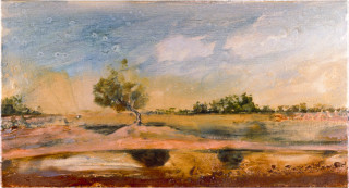 Mandy Martin Storm Approaching Dribbling Bore, 1997; oil, ochre, pigment on linen; 56 x 30 cm; enquire