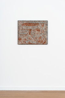 installation view; Daniel Boyd Untitled (CREITPOW), 2025; oil, acrylic and archival glue on paper mounted to canvas; 61 x 76.5 cm; enquire