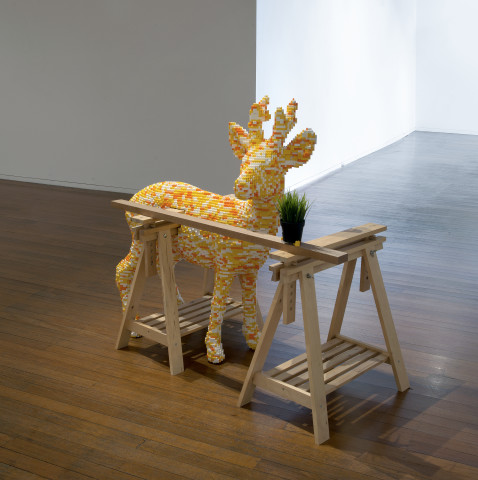 Claire Healy and Sean Cordeiro Garage / Tool Shed - Doe, 2014; Lego, Ikea trestle with shelf and plant; 130 x 150 x 70 cm; enquire