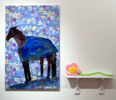 Jenny Watson Horse with Rug, 2010; Part 1: acrylic on rabbit skin glue primed Hong Kong cotton, 105 x 68 cm
Part 2: velvet daisy on shelf, 60 x 70 x 12 cm
; enquire