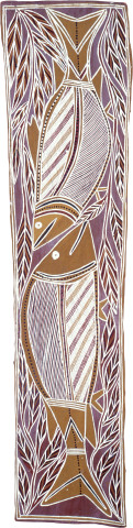 Charlie Djurritjini Barramundi, 1989; natural ochre pigments on Stringybark; 132 x 29 cm; enquire