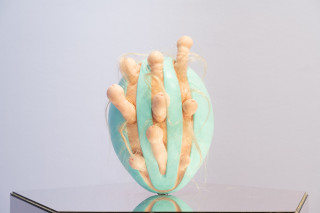 Patricia Piccinini Egg Head in Motion, 2025; silicone, polyurethane, hair, stainless steel, microcontroller, motor, mirrored plinth; 95 x 50 x 61 cm; From a suite of 3 colour variations; enquire
