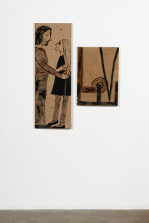 installation view; Jenny Watson Love, 1988-89; oil on Belgian linen; 2 parts: 116 x 41 cm; 65 x 46 cm; enquire