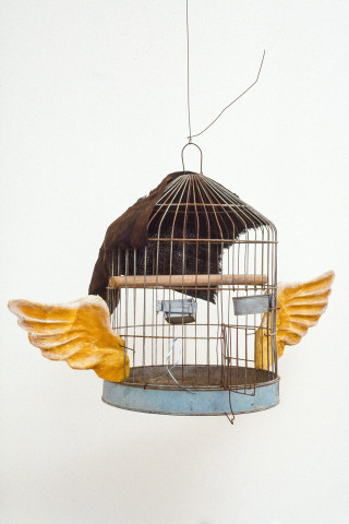 Ken Unsworth Winds of Ice, 1991; bird cage, burnt cloth, expanded foam, wire; 110 x 57 x 47 cm; enquire