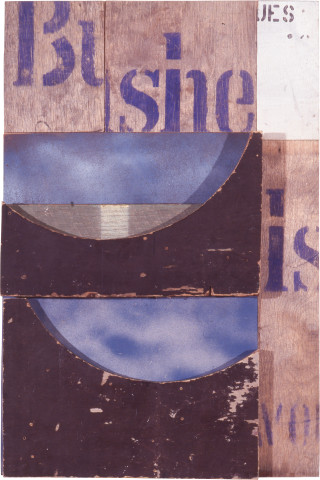 Rosalie Gascoigne Port of Call, 1992; cut tea crates & weathered formwork on plywood; 70 x 46.9 cm; enquire