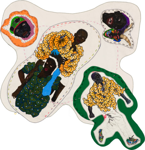 Pierre Mukeba (Surpass biological entanglement/entitlements, catering vowful
commitments Mission for mistress missionaries remaining (TOP), 2022; Kikwembe, calico, oil paint, ink, brush pen, acrylic paint, pastel, fabric on unprimed canvas; 130 x 125 cm; more info; enquire