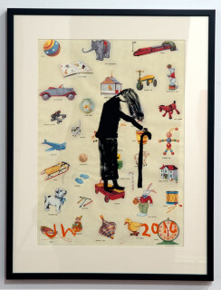 Jenny Watson Classic Black 3: old woman with walking stick, 2010; acrylic on Italian nursery paper; 90 x 69 cm (framed); enquire