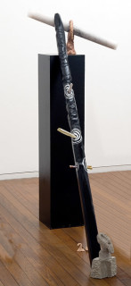 Mikala Dwyer 23, 2009; molding clay, letters from the dead, wood, money, concrete, enamel paint; 153 x 57 x 128 cm; enquire