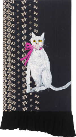 Jenny Watson White Cat with Pink Ribbon, 2022; acrylic on vintage American fabric and black frill; 90 x 46 x 2 cm; more info; enquire