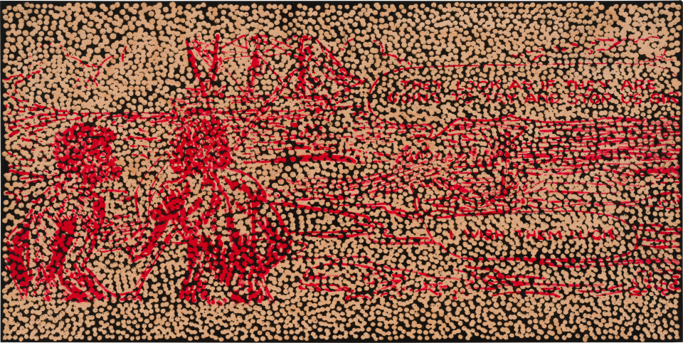 Daniel Boyd Untitled (WTSAUSWKTWTS), 2025; oil, acrylic and archival glue on board; 40 x 80 cm; enquire