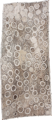 Nyapanyapa Yunupiŋu Circles, 2011; 4039M; natural earth pigments on bark; 180 x 80 cm; enquire