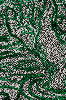 Daniel Boyd Untitled (WMSHGBHSH) (detail), 2025; oil, acrylic and archival glue on canvas; 150 x 364 cm; enquire