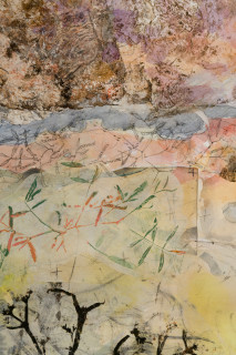 John Wolseley Walk across geological strata - Proterozoic to late Silurian: each step a million years III (detail), 2025-26; watercolour, graphite, charcoal and nature prints on paper; 107 x 124 cm; 134 x 149 cm (framed); enquire
