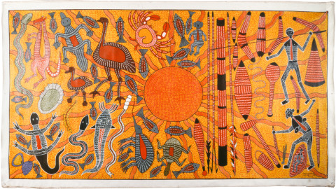 Robert Campbell Jnr Abo, Lifestyle of Hunter & Tucker, 1987; acrylic on canvas; 152.5 x 286 cm; enquire