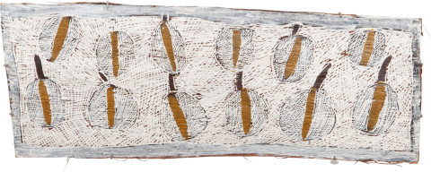 Nyapanyapa Yunupiŋu Fallen Leaves #1, 2009; 3575V; Natural earth pigments on bark; 36 x 95 cm; enquire