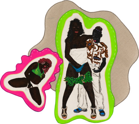 Pierre Mukeba (Walimuua) (Keep holy the lords name Consume confusion as you awaken reeling in deeds of your dirty seeds, show your truth - feed/death on a/holy communion/day), 2022; Kikwembe, calico, oil paint, ink, brush pen, acrylic paint, pastel, fabric on Belgian linen; 95 x 105 cm; more info; enquire