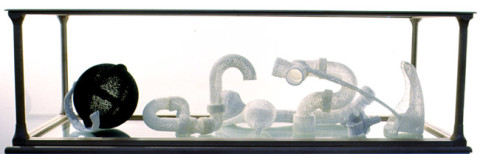 Fiona Hall White History, 1998; PVC pipe, plastic, glass beads, silver wire, vitrine; 38.5 x 128 x 43 cm; vitrine dimensions; enquire