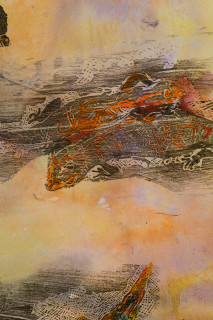 John Wolseley Great desert skinks on their basking mound in the Great
Sandy desert I (detail), 2026; watercolour and woodblock print on paper; 104 x 180 cm; 121 x 195 cm (framed); enquire