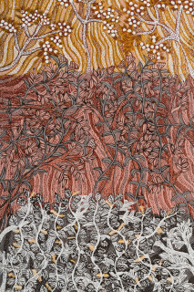 Yalmakany Marawili Yams, vines and fruits (detail), 2026; 2127-26; earth pigments on stringybark; 115 x 64 cm; enquire