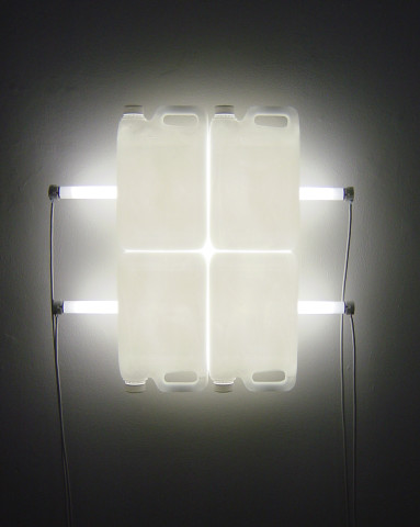 Bill Culbert White Reflection, 2004; fluorescent lights, electrical cords, plastic bottles; enquire