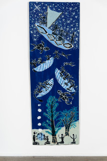 installation view; Dhambit Munuŋgurr Maŋgatharra, 2024; 7190-24; acrylic on bark; 239 x 82 cm; enquire