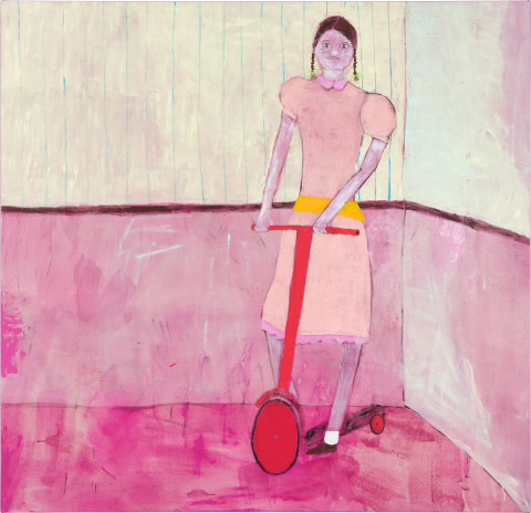 Jenny Watson Girl on Scooter, 2022; acrylic and Japanese pigment on ten ounce cotton duck with velvet ribbon edging; 158.5 x 164 cm; more info; enquire