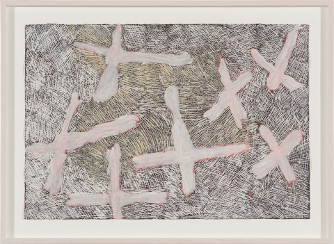 Nyapanyapa Yunupiŋu Djulpan, 2021; 623-21; earth pigments on paper; 66.5 x 91 cm; more info; enquire