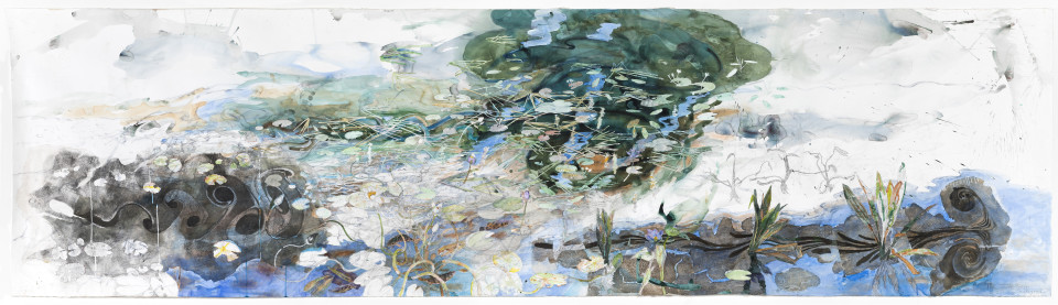 John Wolseley The life of inland waters – Durabudboi river, 2015-2018; watercolour, graphite, woodcut on paper; 124 x 445 cm