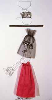 Jacqueline Fraser A portrait of that fluted head cracked so sad jerking., 2001; from the series A Portrait of the Lost Boys > To Our Lost Boy Ivan, carbon monoxide gassed 1998; wire, brown braid, sequin taffeta, text, black tulle, pale pink organza, dark pink sateen; 290 x 90 cm; Provinece: New Museum N.Y. 2001; enquire